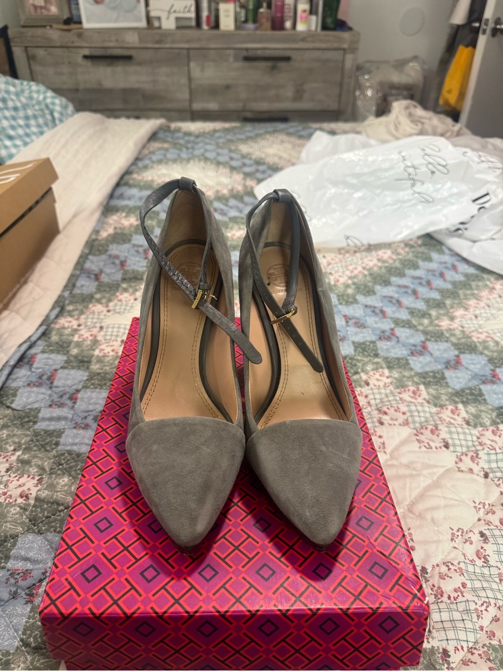 Tory Burch Gray Suede Pointed-Toe Ankle-Strap Pumps